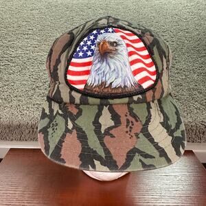 VINTAGE Cap Man Camo Hat Mens OS Brown Green Camouflage USA Patch Snapback 90s